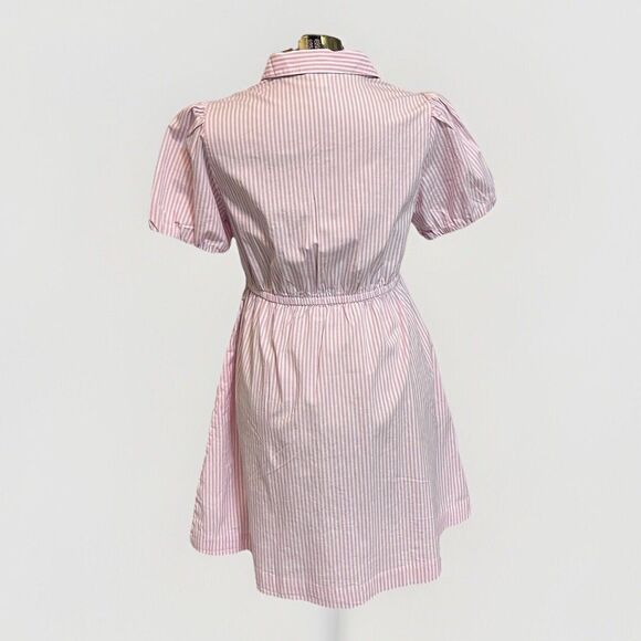 J Crew Collared Puff Sleeve Mini Shirt Striped Dress Womens 6 Petal Pink Preppy - Picture 5 of 8